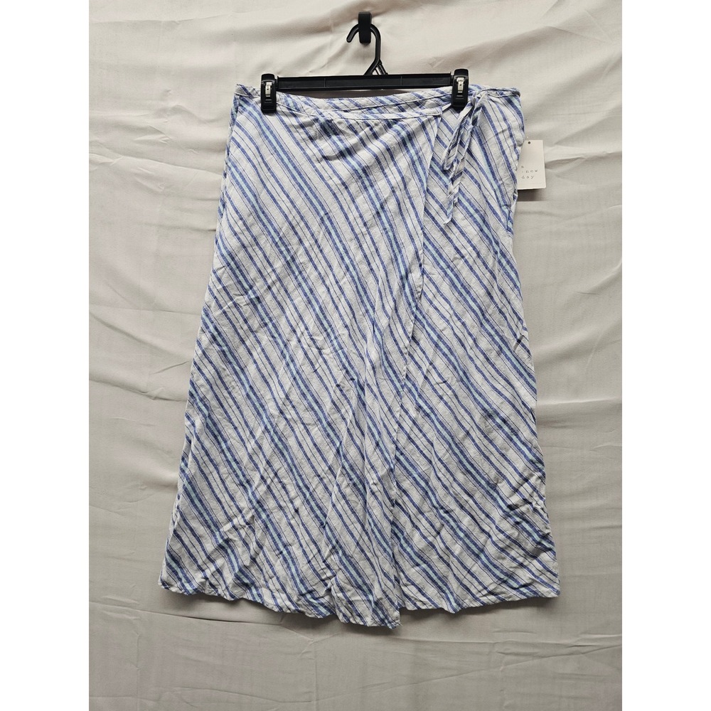 A New Day Womens Striped Wrap Midi Skirt Blue Linen Blend Casual Size XL